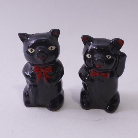 Japan, Maneki-neko, Black Cat, Salt and Pepper Shakers, Ceramic, ~ 250827-WH 563 - Picture 1 of 3